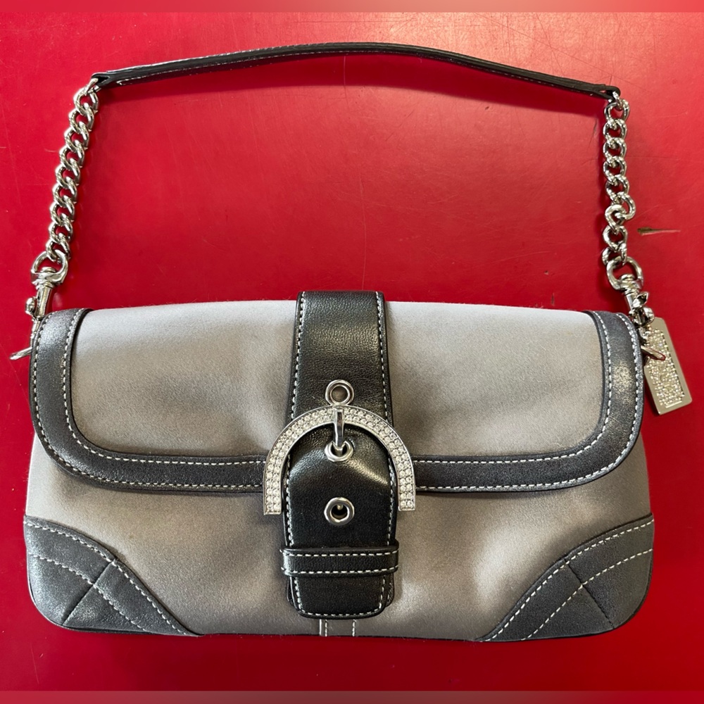 Authentic Coach Purse/Clutch in Silver Satin with Grey Leather Accents